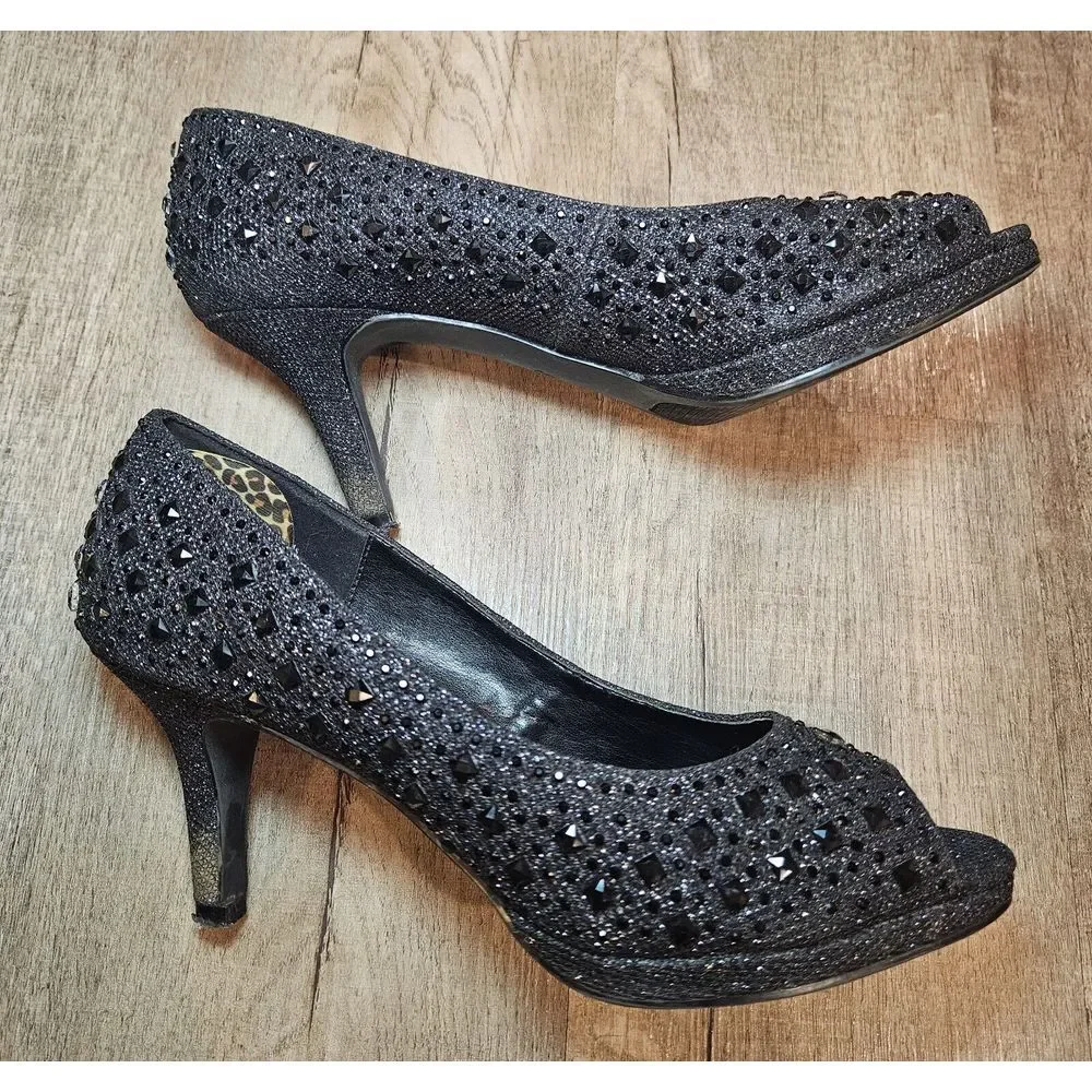 Kelly‎ and Katie peep toe black jewel textured pumps size 8.5
